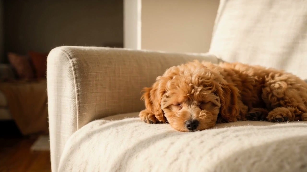 Cucciolo toy che dorme sereno su un plaid color crema